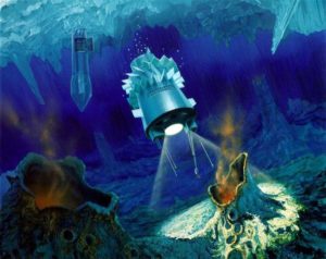 artist's concept of the cryobot and its deployed 'hydrobot' submersible. Right: Europa Lander Mission concept, Courtesy : NASA 2005